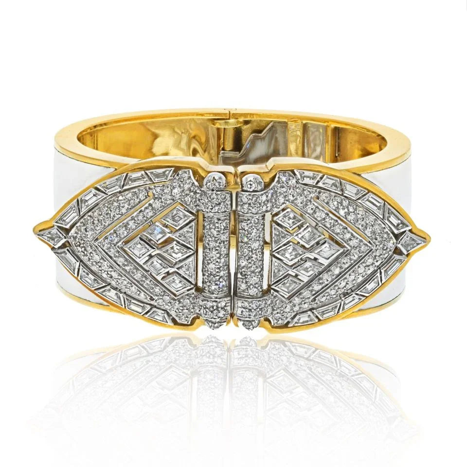 David Webb Platinum & 18K Yellow Gold White Enamel Shield Diamond Clips Cuff Bracelet - The Back Vault