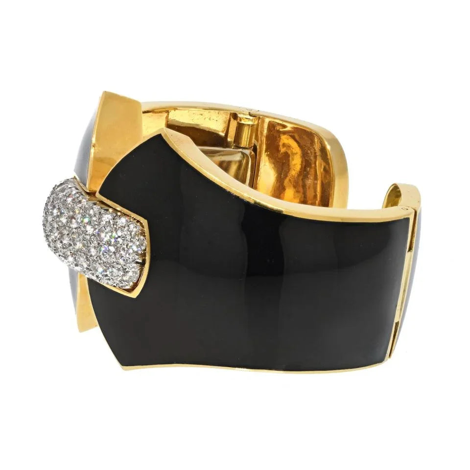 David Webb Platinum & 18K Yellow Gold Princess Lilian Black Enamel Diamond Cuff Bracelet - The Back Vault