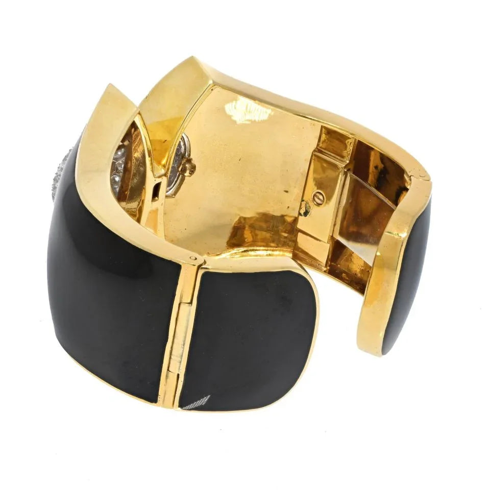 David Webb Platinum & 18K Yellow Gold Princess Lilian Black Enamel Diamond Cuff Bracelet - The Back Vault