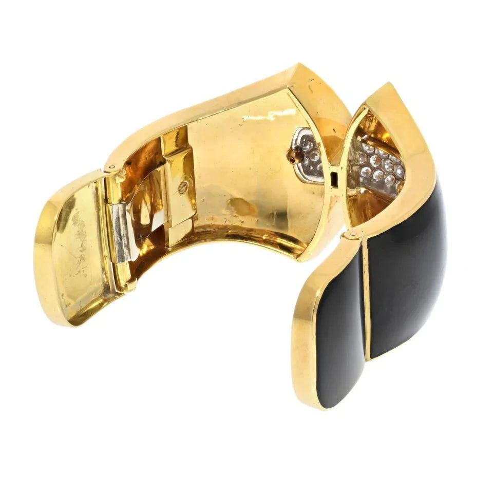 David Webb Platinum & 18K Yellow Gold Princess Lilian Black Enamel Diamond Cuff Bracelet - The Back Vault