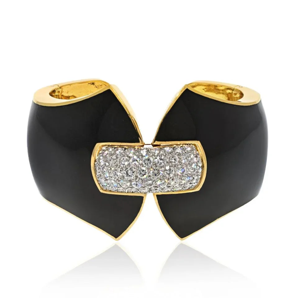 David Webb Platinum & 18K Yellow Gold Princess Lilian Black Enamel Diamond Cuff Bracelet - The Back Vault
