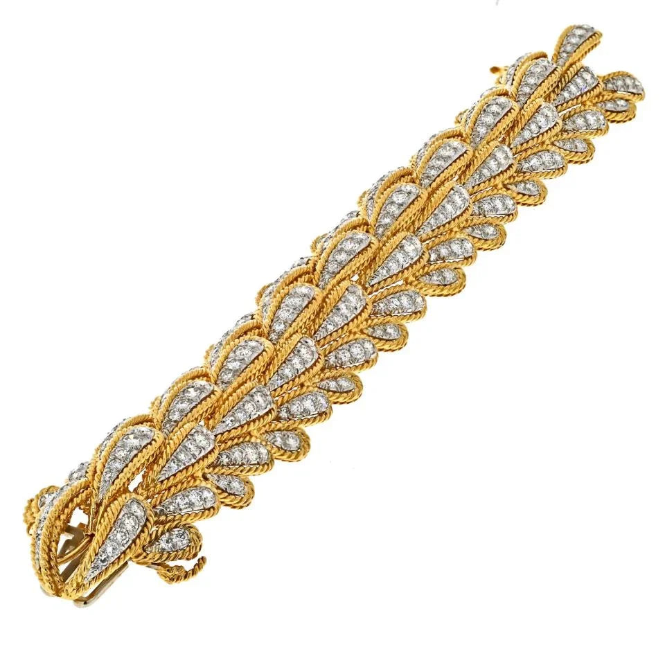 David Webb Platinum & 18K Yellow Gold 15.00cttw Bombe Diamond Leaf Motif Bracelet - The Back Vault