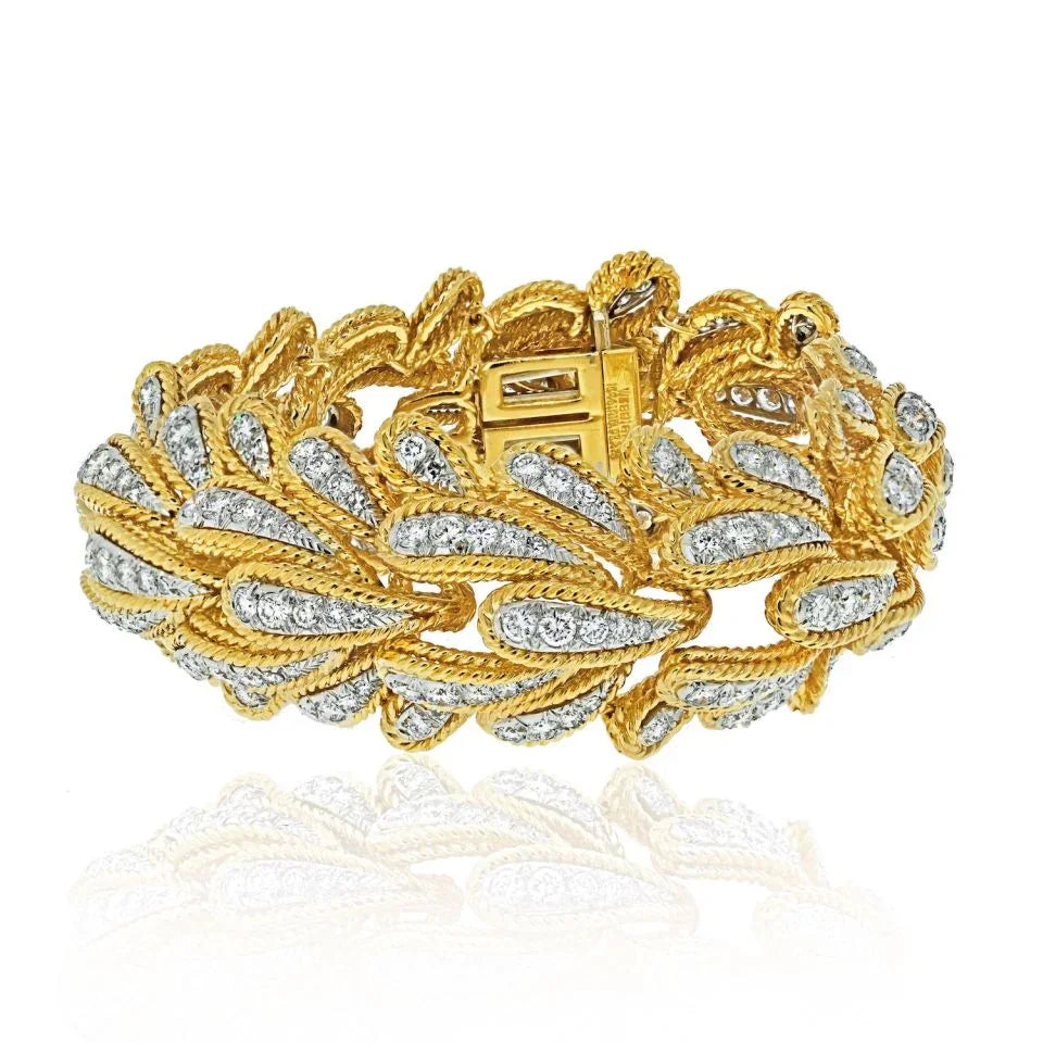 David Webb Platinum & 18K Yellow Gold 15.00cttw Bombe Diamond Leaf Motif Bracelet - The Back Vault