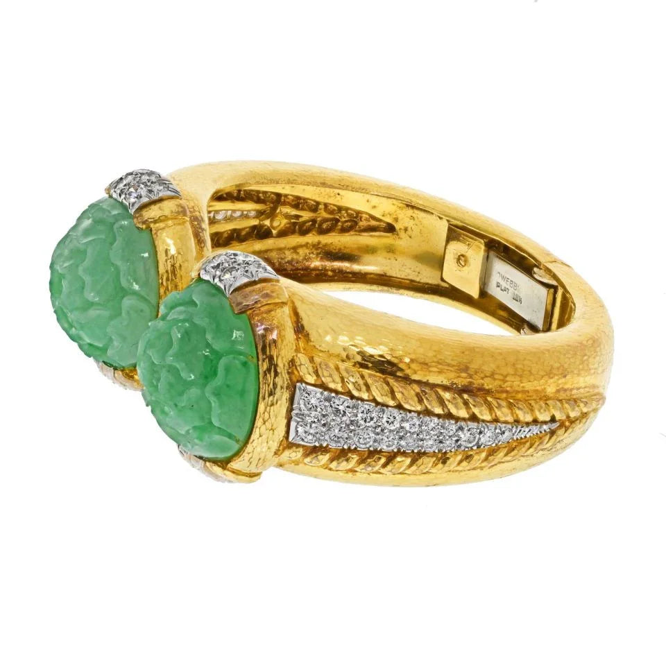 David Webb Platinum & 18KY Carved Jade Hammered Gold Diamond Cuff Bracelet - The Back Vault