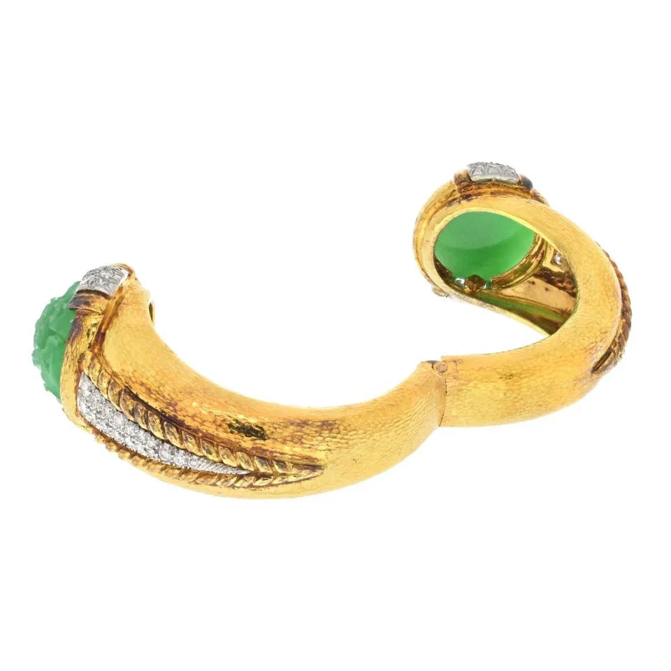 David Webb Platinum & 18KY Carved Jade Hammered Gold Diamond Cuff Bracelet - The Back Vault