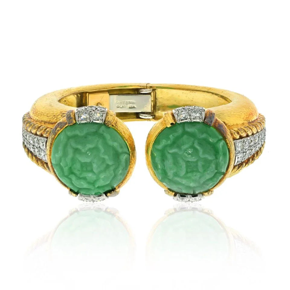 David Webb Platinum & 18KY Carved Jade Hammered Gold Diamond Cuff Bracelet - The Back Vault