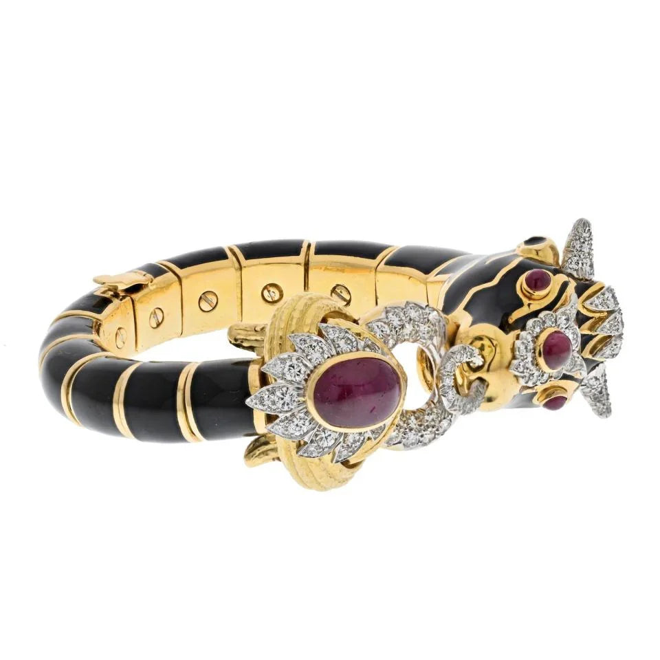David Webb Platinum & 18K Yellow Gold Black Enamel Red Ruby Diamond Bull Bracelet - The Back Vault