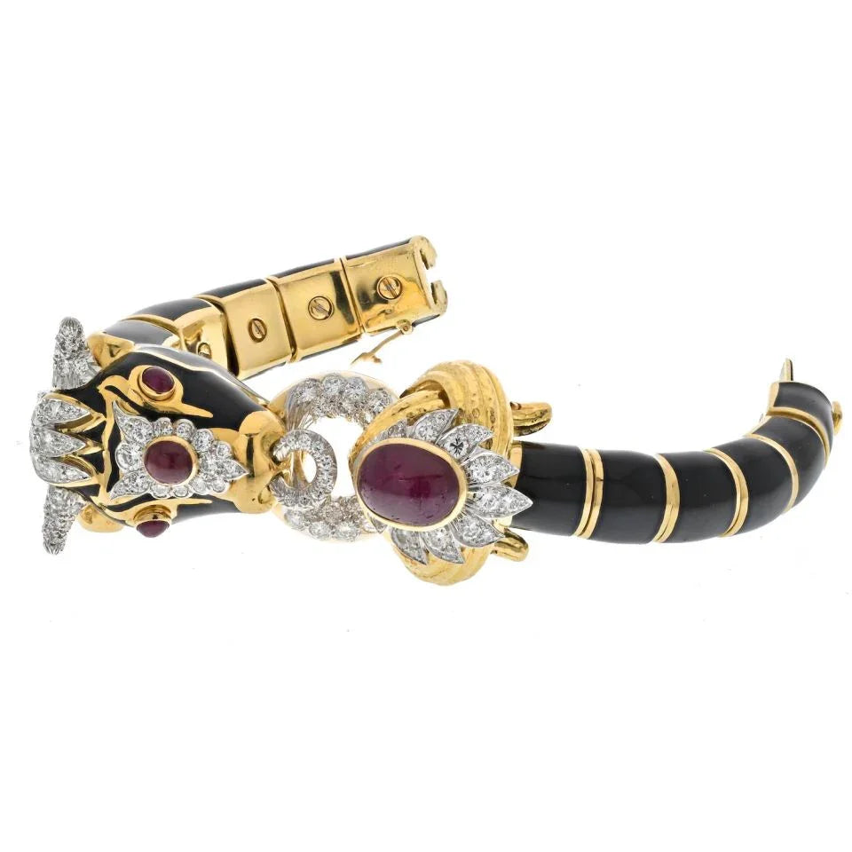 David Webb Platinum & 18K Yellow Gold Black Enamel Red Ruby Diamond Bull Bracelet - The Back Vault