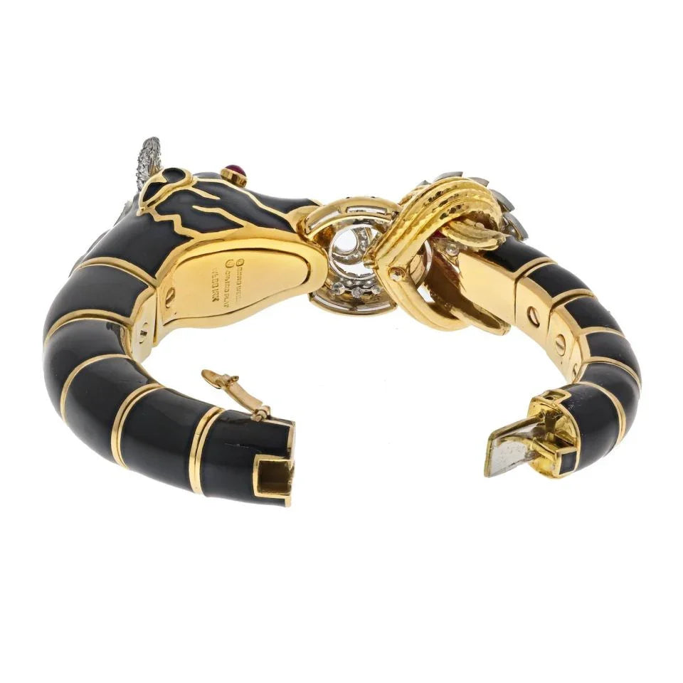 David Webb Platinum & 18K Yellow Gold Black Enamel Red Ruby Diamond Bull Bracelet - The Back Vault