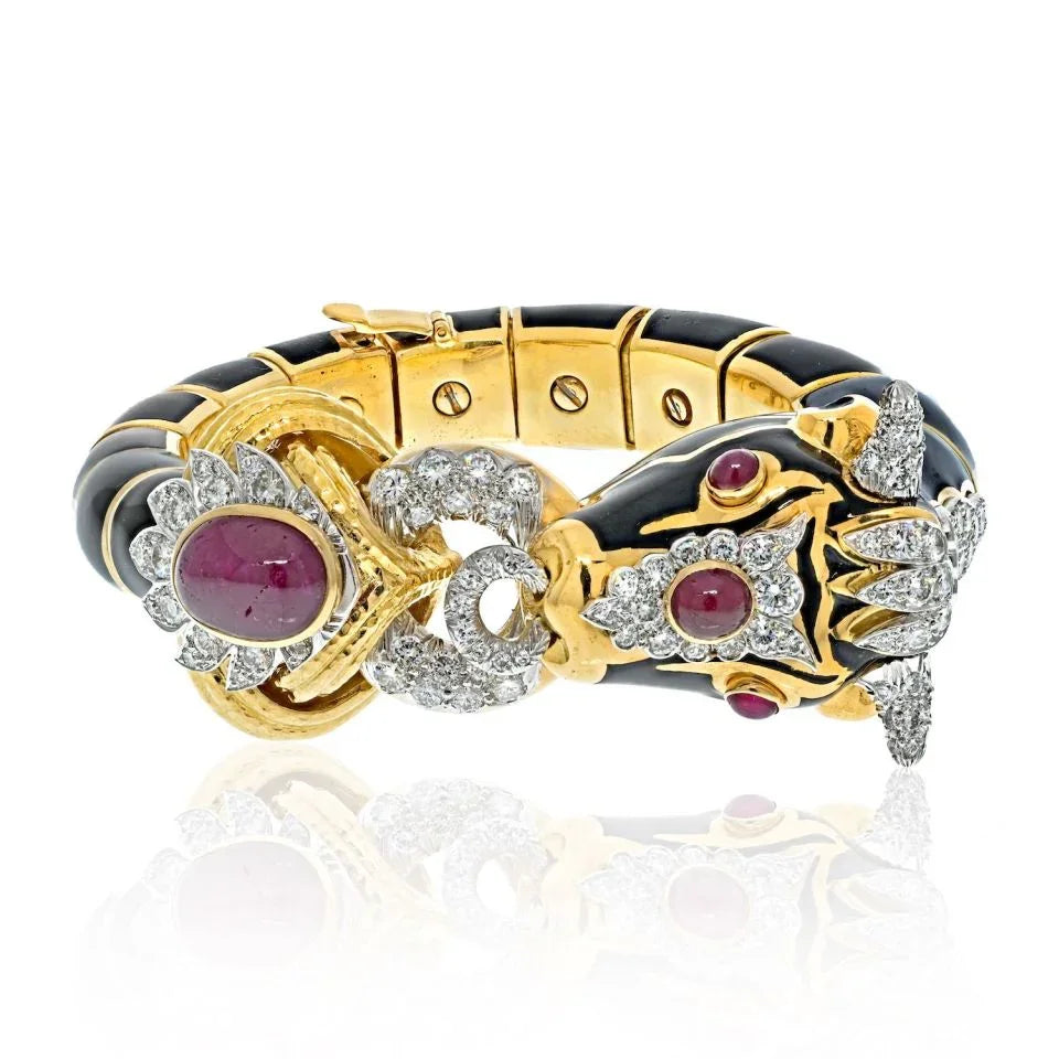 David Webb Platinum & 18K Yellow Gold Black Enamel Red Ruby Diamond Bull Bracelet - The Back Vault