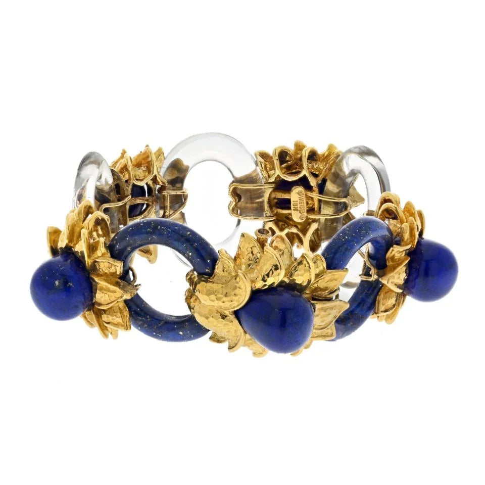 David Webb Platinum & 18K Yellow Gold Rock Crystal Lapis Floral Style Bracelet - The Back Vault