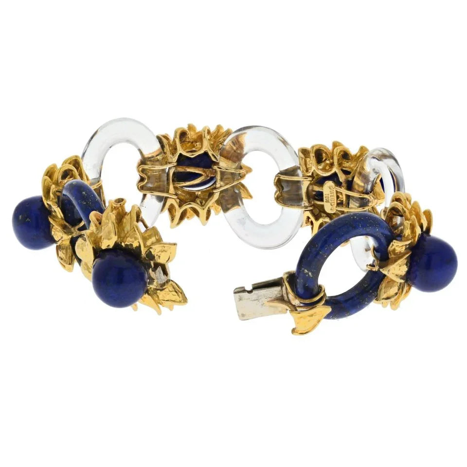 David Webb Platinum & 18K Yellow Gold Rock Crystal Lapis Floral Style Bracelet - The Back Vault