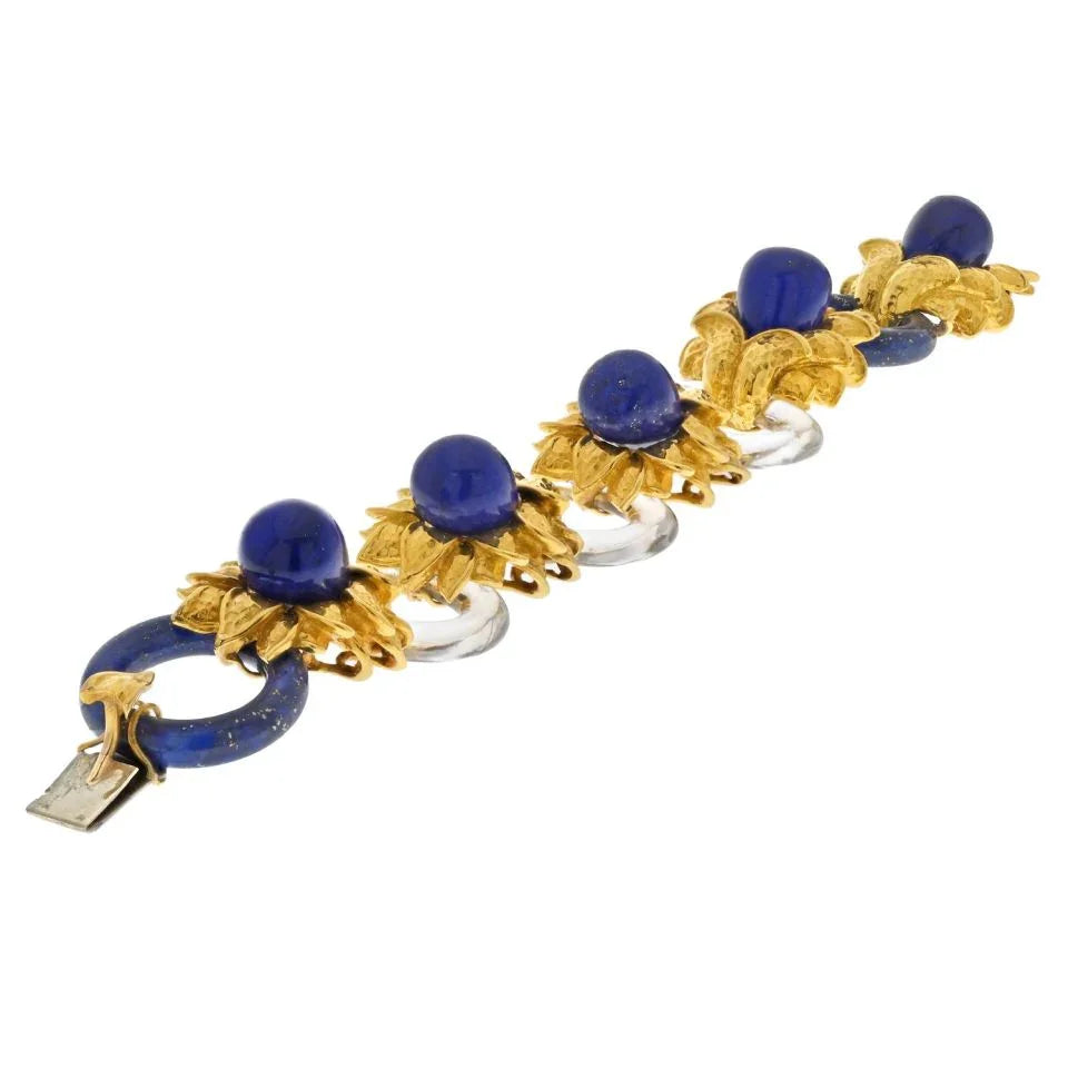David Webb Platinum & 18K Yellow Gold Rock Crystal Lapis Floral Style Bracelet - The Back Vault