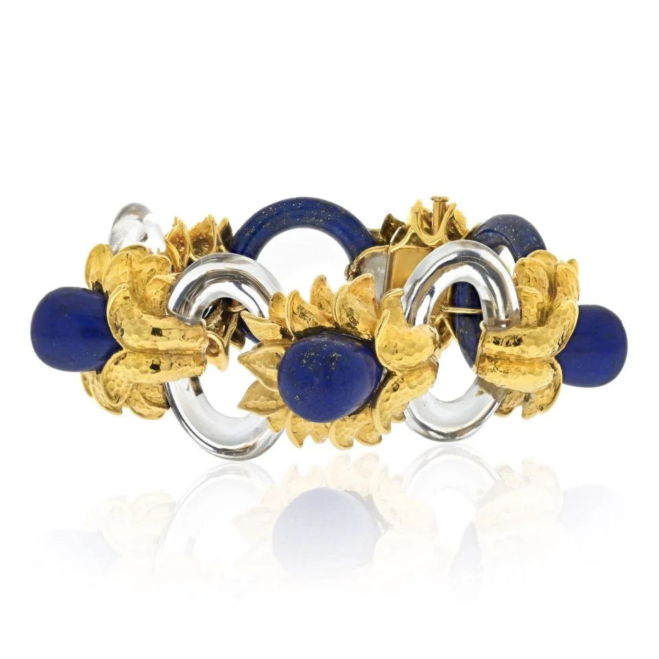 David Webb Platinum & 18K Yellow Gold Rock Crystal Lapis Floral Style Bracelet - The Back Vault