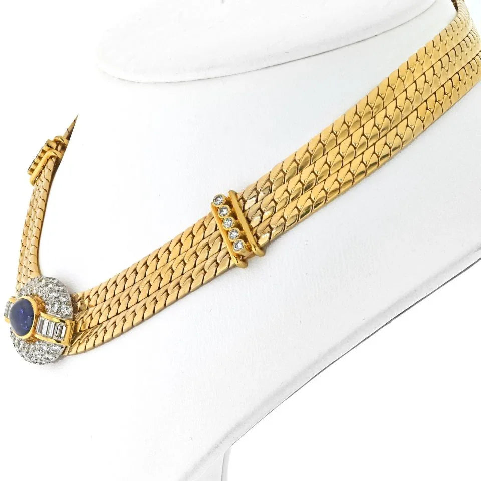 Van Cleef & Arpels 18K Yellow Gold Diamond And Sapphire Three Strand Collar Necklace - The Back Vault
