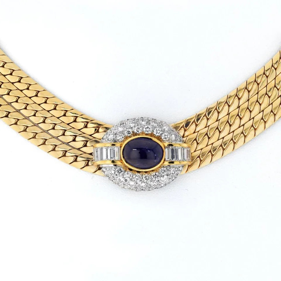Van Cleef & Arpels 18K Yellow Gold Diamond And Sapphire Three Strand Collar Necklace - The Back Vault