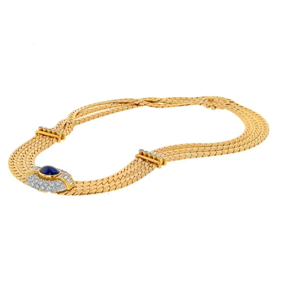 Van Cleef & Arpels 18K Yellow Gold Diamond And Sapphire Three Strand Collar Necklace - The Back Vault
