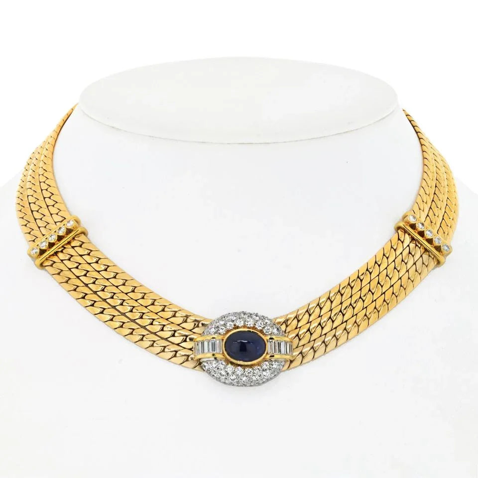 Van Cleef & Arpels 18K Yellow Gold Diamond And Sapphire Three Strand Collar Necklace - The Back Vault