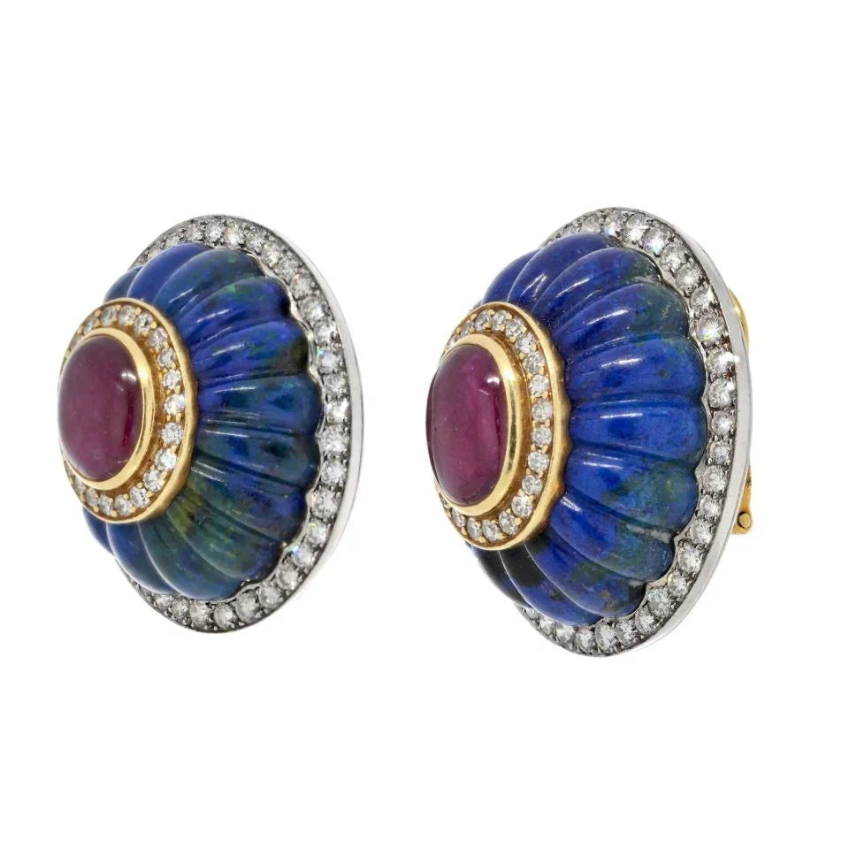 David Webb Platinum & 18K Yellow Gold Carved Azurmalachite, Diamond, Ruby Clip Earrings - The Back Vault