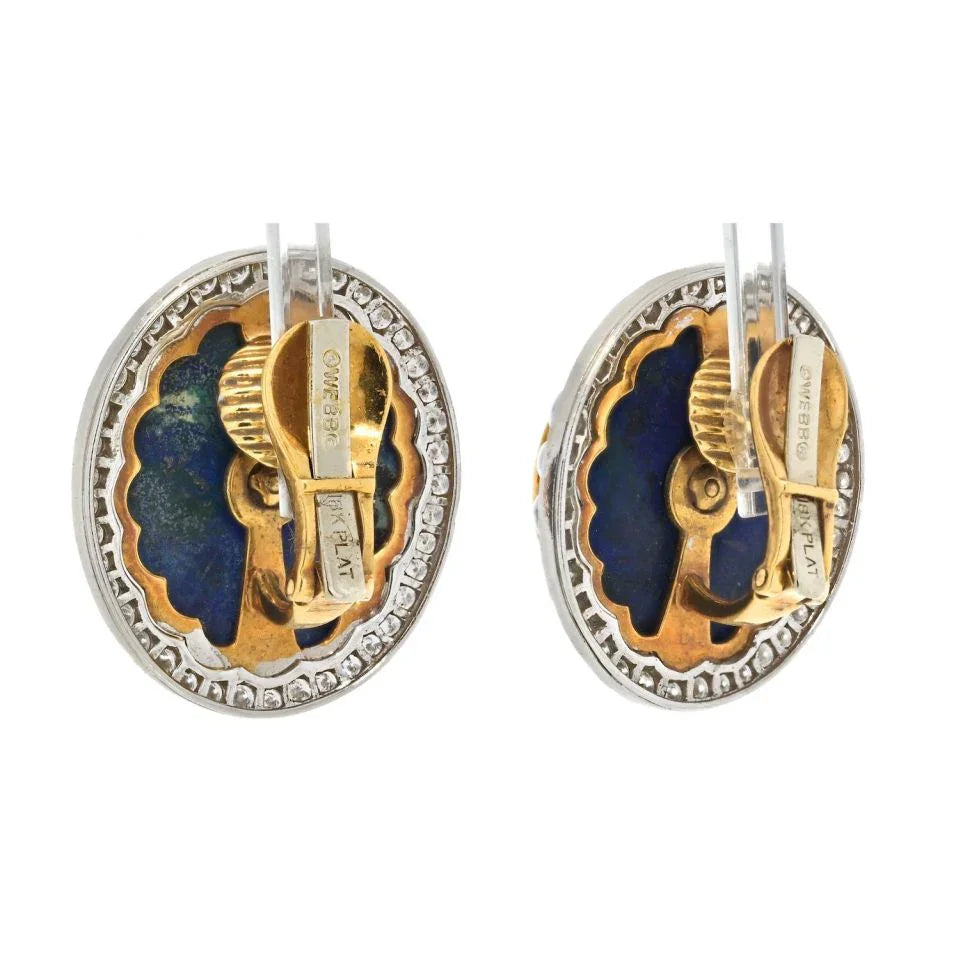 David Webb Platinum & 18K Yellow Gold Carved Azurmalachite, Diamond, Ruby Clip Earrings - The Back Vault