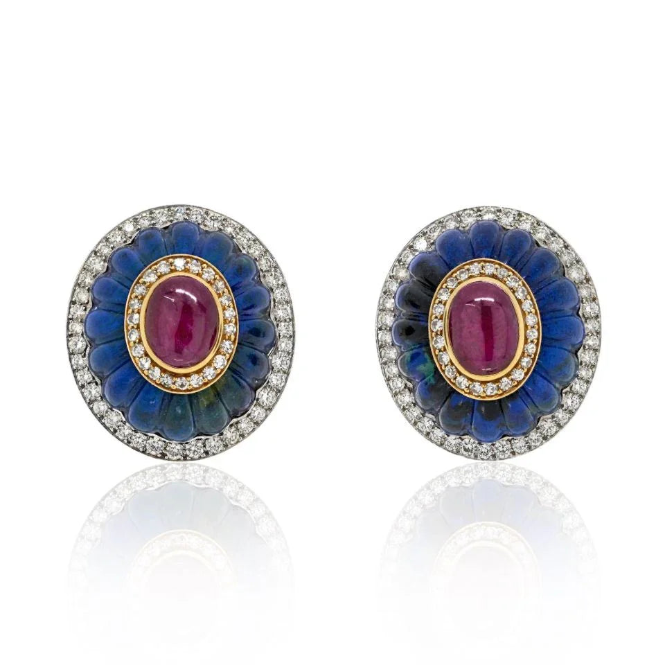 David Webb Platinum & 18K Yellow Gold Carved Azurmalachite, Diamond, Ruby Clip Earrings - The Back Vault