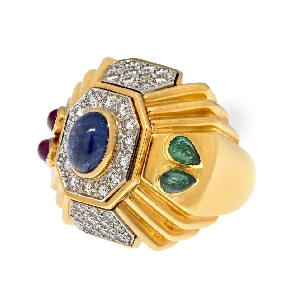 David Webb Platinum & 18K Yellow Gold Geometric Sapphire Diamond And Ruby Cocktail Ring - The Back Vault