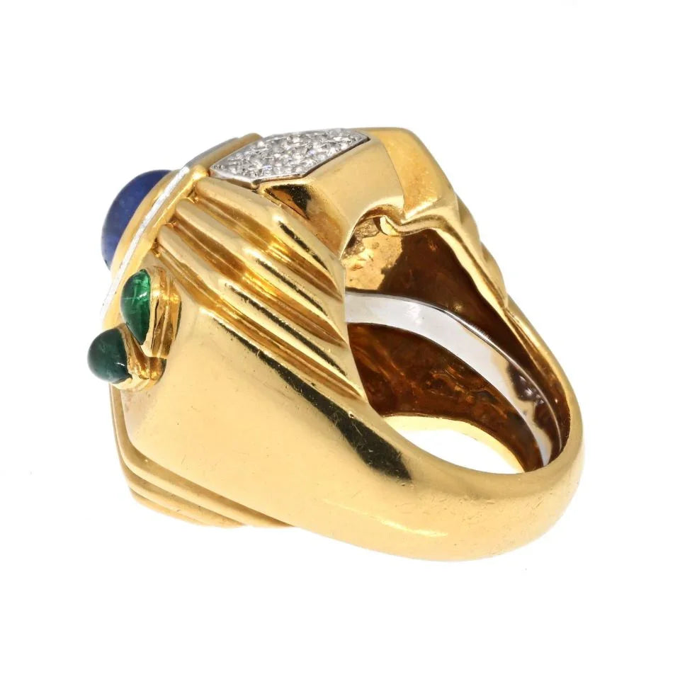 David Webb Platinum & 18K Yellow Gold Geometric Sapphire Diamond And Ruby Cocktail Ring - The Back Vault