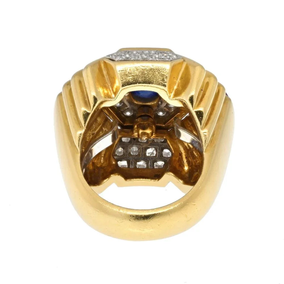 David Webb Platinum & 18K Yellow Gold Geometric Sapphire Diamond And Ruby Cocktail Ring - The Back Vault