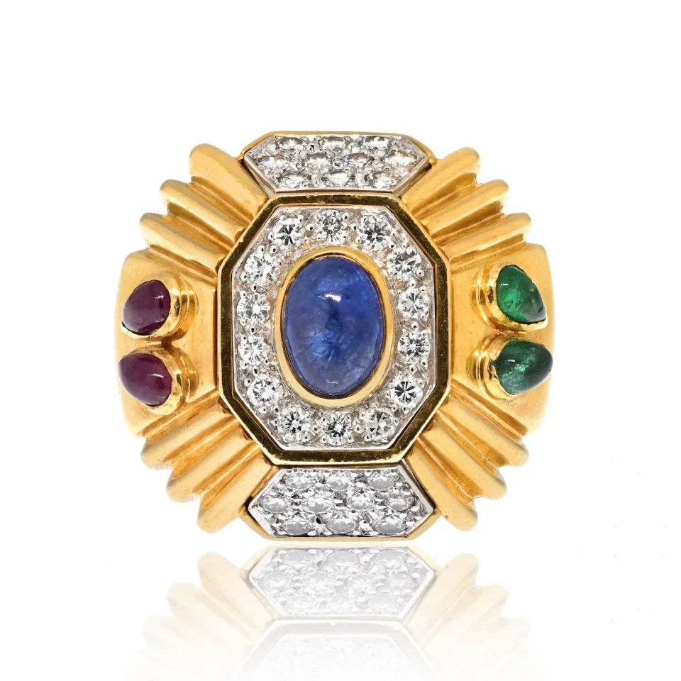 David Webb Platinum & 18K Yellow Gold Geometric Sapphire Diamond And Ruby Cocktail Ring - The Back Vault