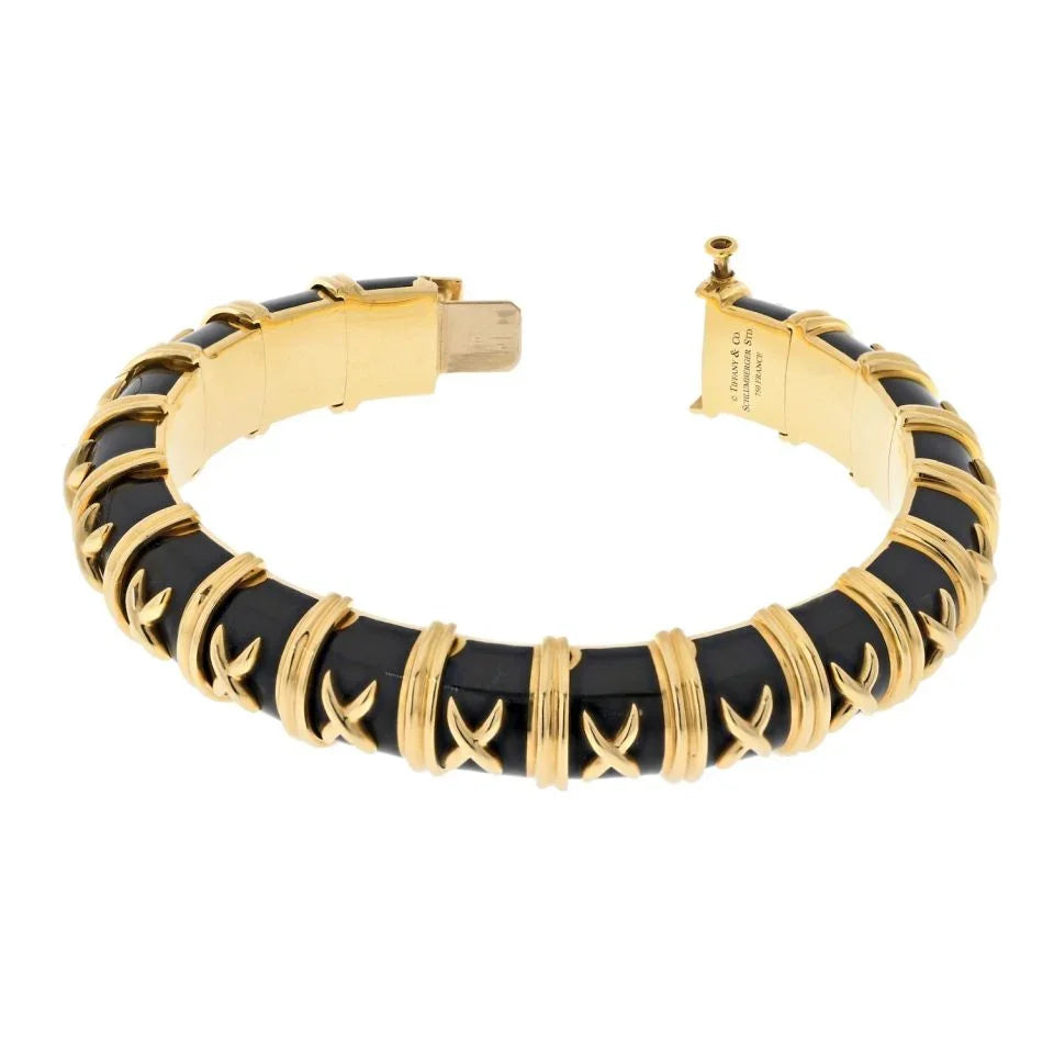 Tiffany & Co. Schlumberger Platinum & 18K Yellow Gold Croisillon Black Enamel Bracelet - The Back Vault