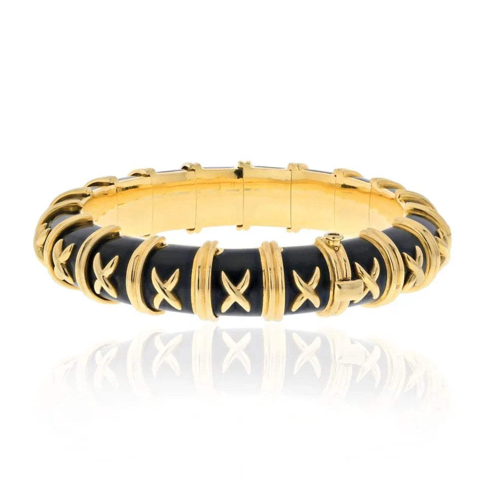 Tiffany & Co. Schlumberger Platinum & 18K Yellow Gold Croisillon Black Enamel Bracelet - The Back Vault