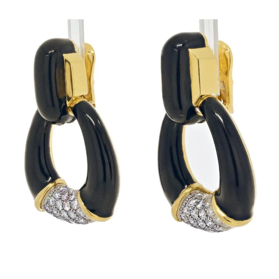 David Webb Platinum & 18K Yellow Gold Black Enamel, Diamonds, Door Knocker Earrings - The Back Vault