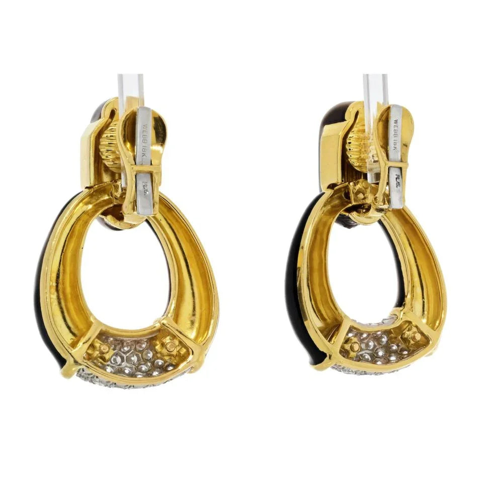 David Webb Platinum & 18K Yellow Gold Black Enamel, Diamonds, Door Knocker Earrings - The Back Vault
