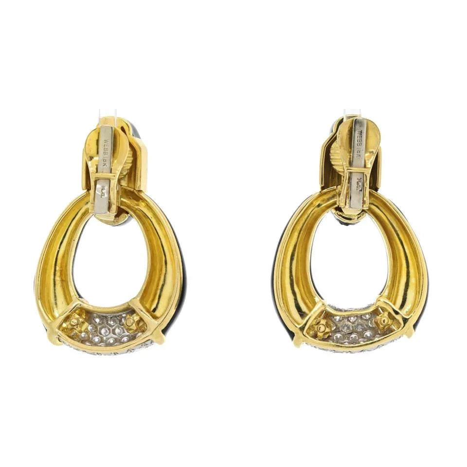 David Webb Platinum & 18K Yellow Gold Black Enamel, Diamonds, Door Knocker Earrings - The Back Vault