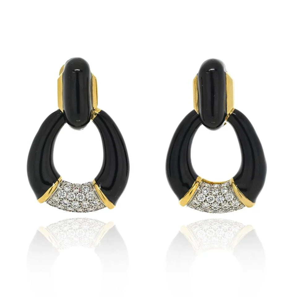 David Webb Platinum & 18K Yellow Gold Black Enamel, Diamonds, Door Knocker Earrings - The Back Vault