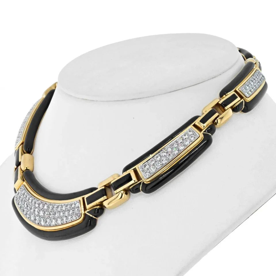 David Webb Platinum & 18K Yellow Gold Black Enamel Diamond Collar 9.00cttw Necklace - The Back Vault