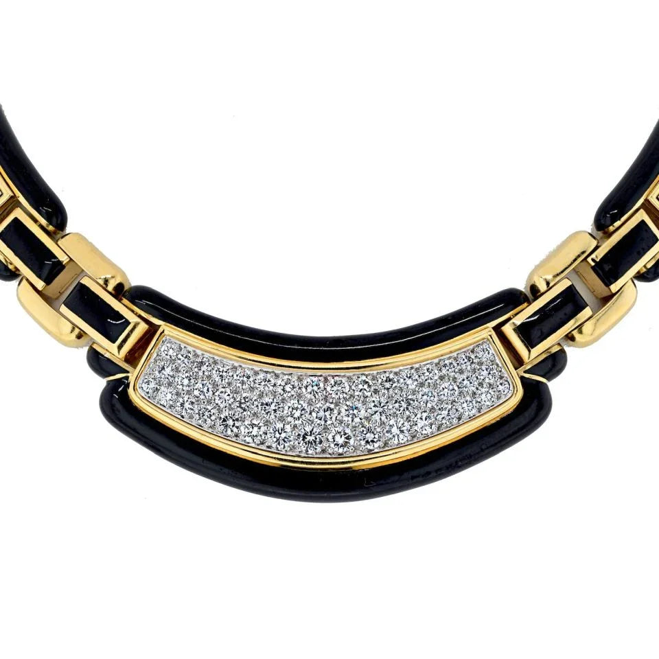 David Webb Platinum & 18K Yellow Gold Black Enamel Diamond Collar 9.00cttw Necklace - The Back Vault
