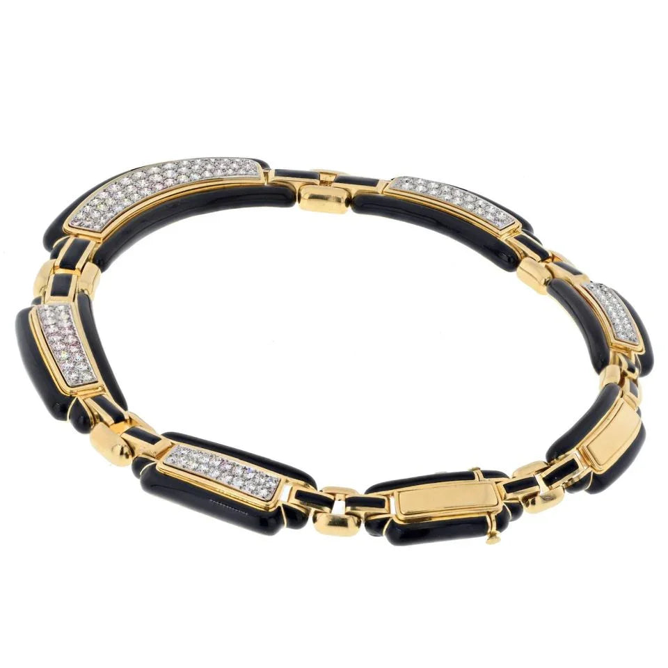 David Webb Platinum & 18K Yellow Gold Black Enamel Diamond Collar 9.00cttw Necklace - The Back Vault