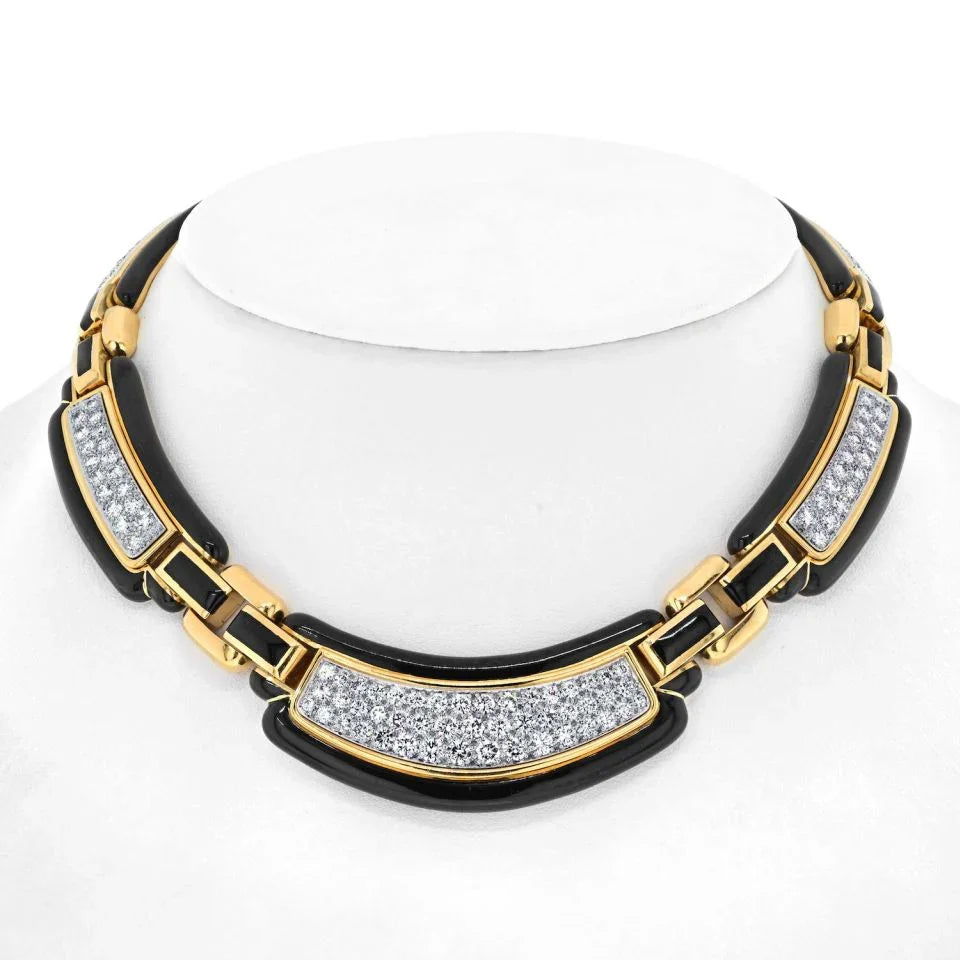 David Webb Platinum & 18K Yellow Gold Black Enamel Diamond Collar 9.00cttw Necklace - The Back Vault
