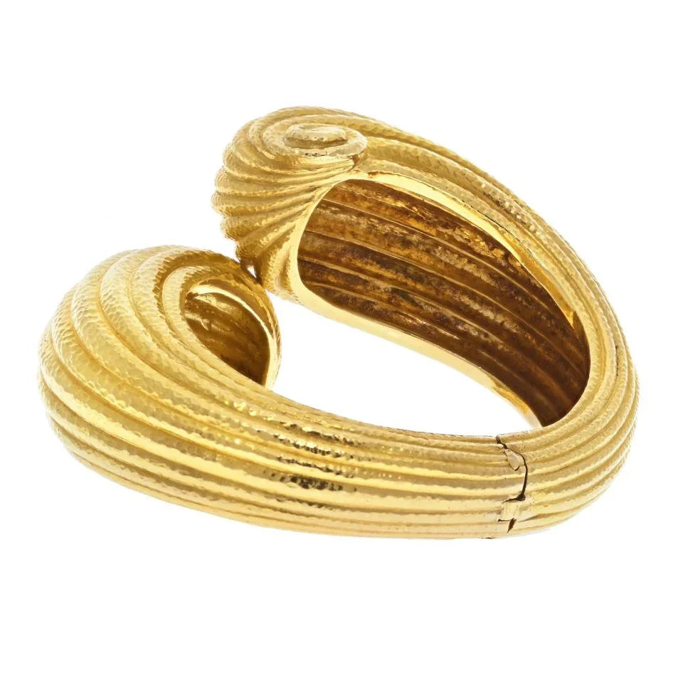 David Webb Platinum & 18K Yellow Gold Hammered Swirl Crossover Hinged Bracelet - The Back Vault