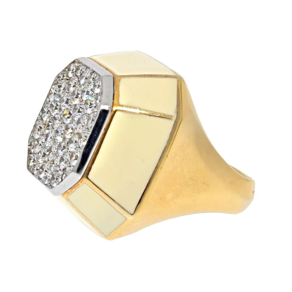 David Webb Platinum & 18K Yellow Gold Diamond Octagon Cluster Cocktail Cream Enamel Ring - The Back Vault