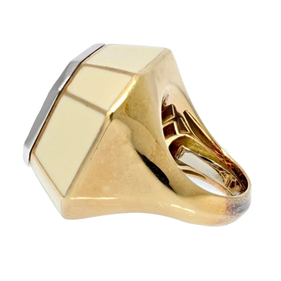 David Webb Platinum & 18K Yellow Gold Diamond Octagon Cluster Cocktail Cream Enamel Ring - The Back Vault