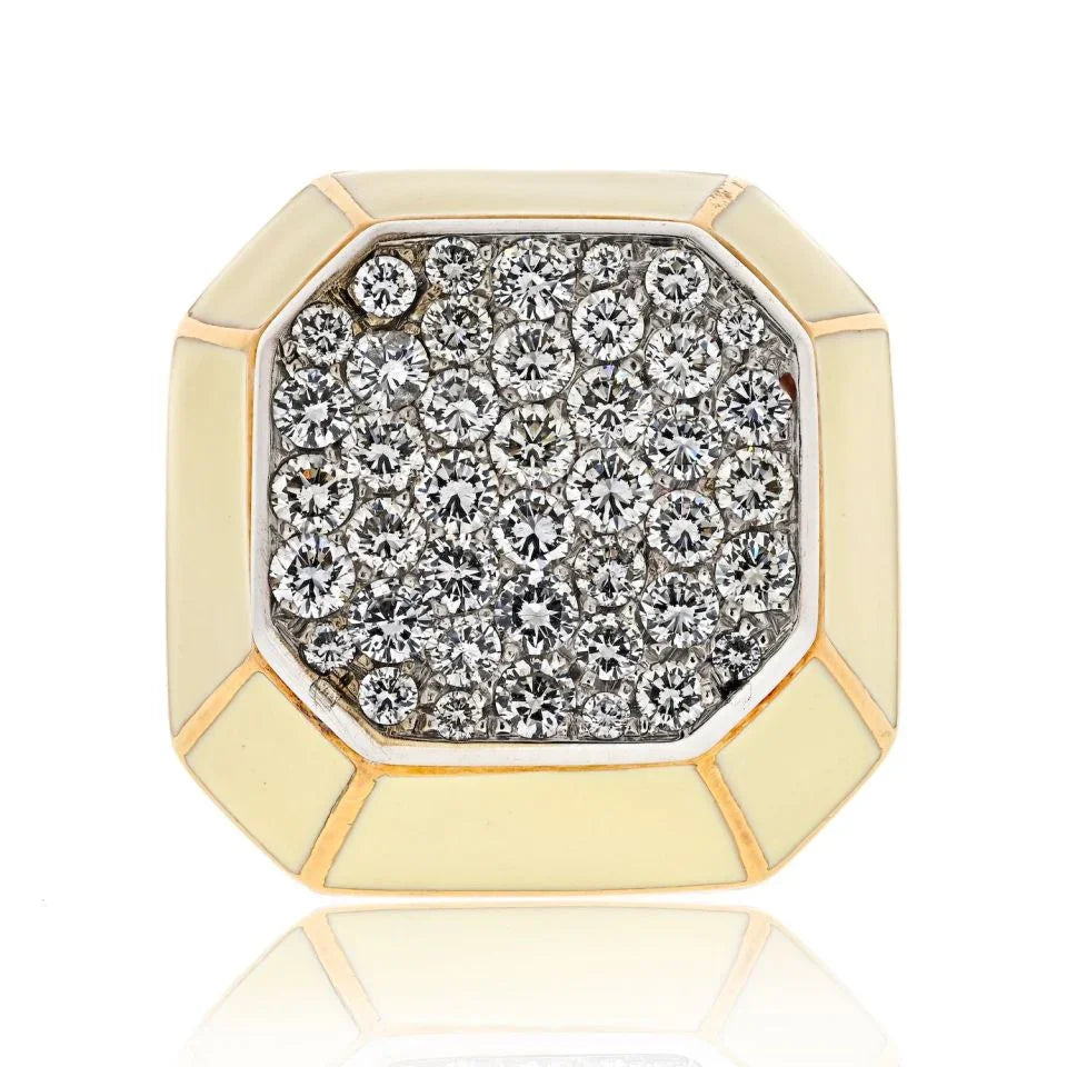 David Webb Platinum & 18K Yellow Gold Diamond Octagon Cluster Cocktail Cream Enamel Ring - The Back Vault
