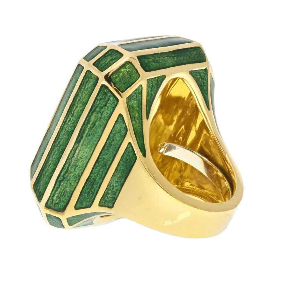 David Webb Platinum & 18K Yellow Gold Oversized Green Enamel Cocktail Ring - The Back Vault