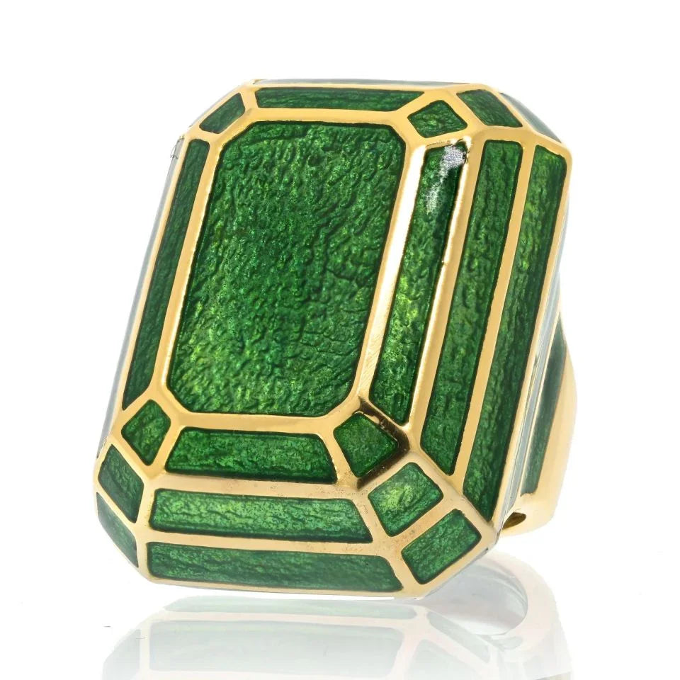 David Webb Platinum & 18K Yellow Gold Oversized Green Enamel Cocktail Ring - The Back Vault