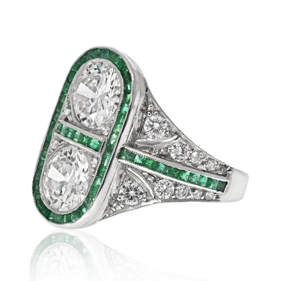 Platinum 4.00cttw Toi Et Moi Old European Diamond And Emerald Ring - The Back Vault