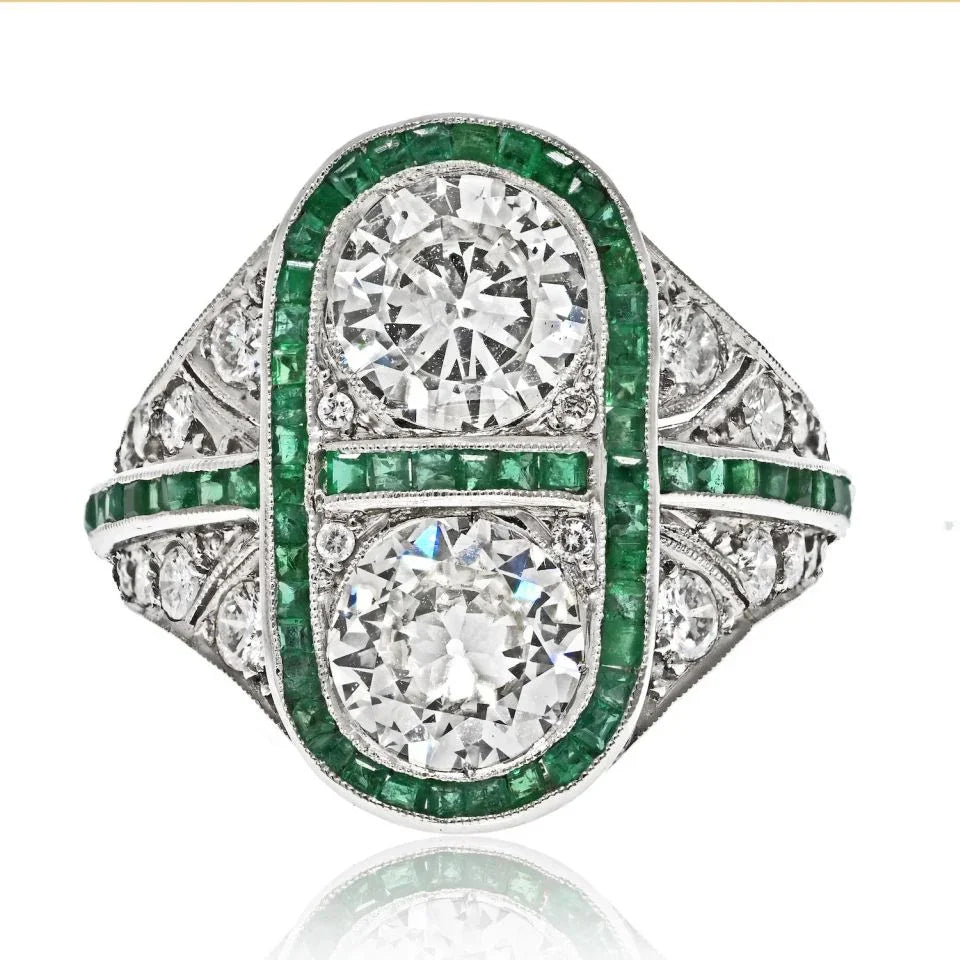 Platinum 4.00cttw Toi Et Moi Old European Diamond And Emerald Ring - The Back Vault