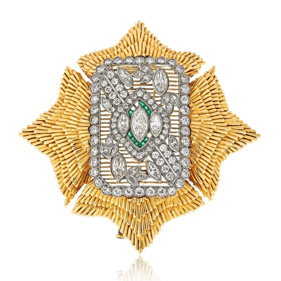 David Webb Platinum & 18K Yellow Gold Maltese Diamond And Emerald Brooch - The Back Vault