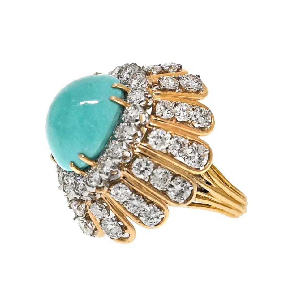 David Webb Platinum & 18K Yellow Gold Cabochon Cut Turquoise And Diamond Ring - The Back Vault