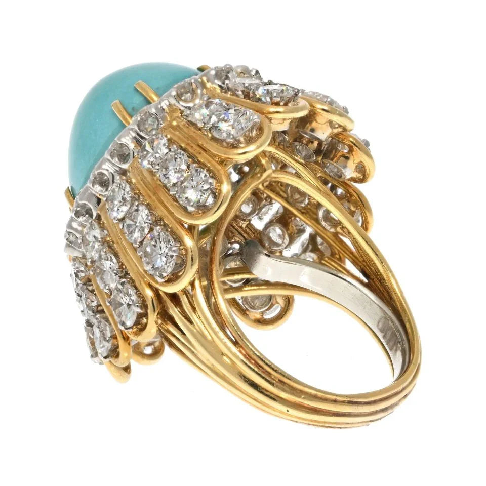 David Webb Platinum & 18K Yellow Gold Cabochon Cut Turquoise And Diamond Ring - The Back Vault